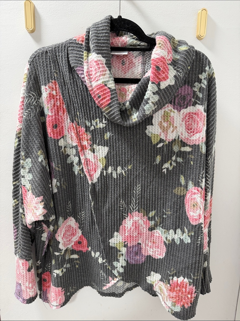 Gray Floral Cowl-Neck Sweater with Pink Roses